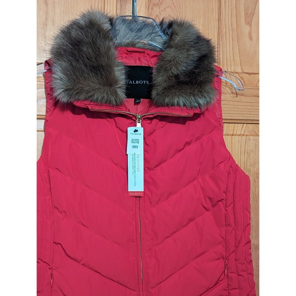NWT Talbots Faux Fur Collar Red Down Puffer Vest Sz Small - Picture 3 of 10